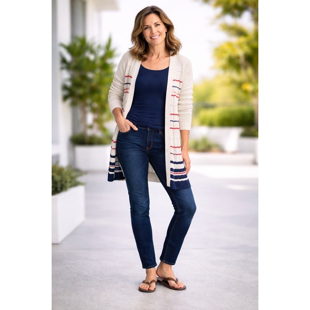Westport Striped Knit Open Cardigan Women Cream Red Navy XL - A010